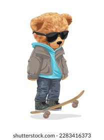 Vector cartoon illustration, hand drawn teddy bear stylish with skateboard