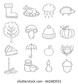 Vector cartoon illustration with hand drawn autumn icons. Pumpkin pie, turkey, autumn leaves, rain , umbrella, harvesting concept. Vector september, october icons. Hand drawn cartoon autumn objects