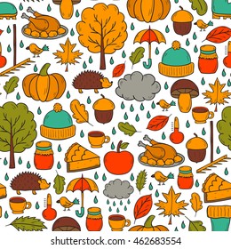 Vector cartoon illustration with hand drawn autumn background. Pumpkin pie, turkey, autumn leaves, rain , umbrella, harvesting concept. Vector september, october. Hand drawn cartoon autumn background