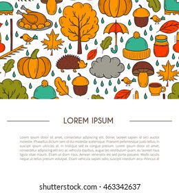 Vector cartoon illustration with hand drawn autumn background. Pumpkin pie, turkey, autumn leaves, rain , umbrella, harvesting concept. Vector september, october. Hand drawn cartoon autumn background