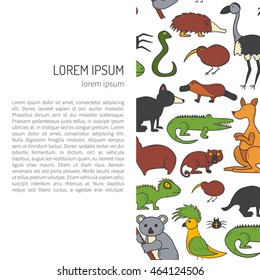 Vector cartoon illustration with hand drawn australia animals background. Australian kangaroo, koala, emu, wombat. Cartoon vector zoo characters. Australia tourism concept. Nature wildlife background