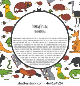 Vector cartoon illustration with hand drawn australia animals background. Australian kangaroo, koala, emu, wombat. Cartoon vector zoo characters. Australia tourism concept. Nature wildlife background