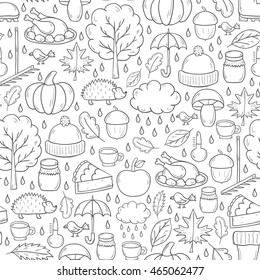 Vector cartoon illustration with hand drawn autumn background. Pumpkin pie, turkey, autumn leaves, rain , umbrella, harvesting concept. Vector september, october. Hand drawn cartoon autumn background