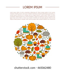 Vector cartoon illustration with hand drawn autumn background. Pumpkin pie, turkey, autumn leaves, rain , umbrella, harvesting concept. Vector september, october. Hand drawn cartoon autumn background