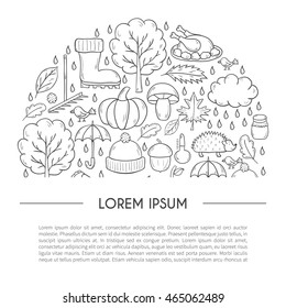 Vector cartoon illustration with hand drawn autumn background. Pumpkin pie, turkey, autumn leaves, rain , umbrella, harvesting concept. Vector september, october. Hand drawn cartoon autumn background
