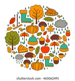 Vector cartoon illustration with hand drawn autumn background. Pumpkin pie, turkey, autumn leaves, rain , umbrella, harvesting concept. Vector september, october. Hand drawn cartoon autumn background