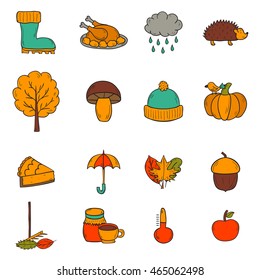 Vector cartoon illustration with hand drawn autumn icons. Pumpkin pie, turkey, autumn leaves, rain , umbrella, harvesting concept. Vector september, october icons. Hand drawn cartoon autumn objects