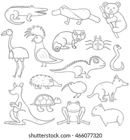 Vector cartoon illustration with hand drawn australia animals icons. Australian kangaroo, koala, emu, wombat. Cartoon vector zoo characters. Australia tourism concept. Nature wildlife icons