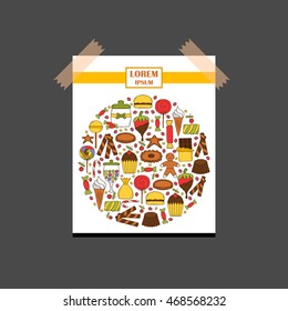 Vector cartoon illustration with hand drawn candy shop background. Sugar sweets, lollipop, chocolate, candy bars, bonbons in cute hand drawn style. Vector cartoon candy land