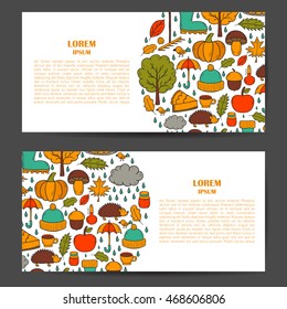 Vector cartoon illustration with hand drawn autumn background. Pumpkin pie, turkey, autumn leaves, rain , umbrella, harvesting concept. Vector september, october. Hand drawn cartoon autumn background