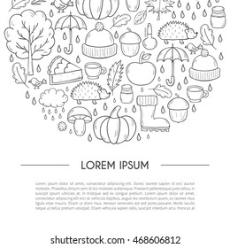 Vector cartoon illustration with hand drawn autumn background. Pumpkin pie, turkey, autumn leaves, rain , umbrella, harvesting concept. Vector september, october. Hand drawn cartoon autumn background