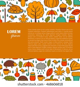 Vector cartoon illustration with hand drawn autumn background. Pumpkin pie, turkey, autumn leaves, rain , umbrella, harvesting concept. Vector september, october. Hand drawn cartoon autumn background