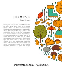 Vector cartoon illustration with hand drawn autumn background. Pumpkin pie, turkey, autumn leaves, rain , umbrella, harvesting concept. Vector september, october. Hand drawn cartoon autumn background