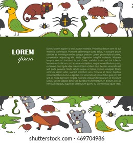 Vector cartoon illustration with hand drawn australia animals background. Australian kangaroo, koala, emu, wombat. Cartoon vector zoo characters. Australia tourism concept. Nature wildlife background