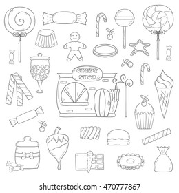Vector cartoon illustration with hand drawn candy shop icons. Sugar sweets, lollipop, chocolate, candy bars, bonbons in cute hand drawn style. Vector candy land cartoon icons
