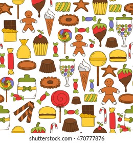 Vector cartoon illustration with hand drawn candy shop background. Sugar sweets, lollipop, chocolate, candy bars, bonbons in cute hand drawn style. Vector cartoon candy land