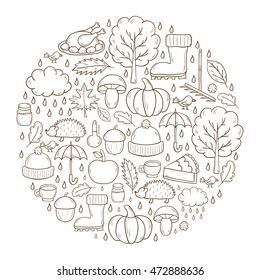 Vector cartoon illustration with hand drawn autumn background. Pumpkin pie, turkey, autumn leaves, rain , umbrella, harvesting concept. Vector september, october. Hand drawn cartoon autumn background