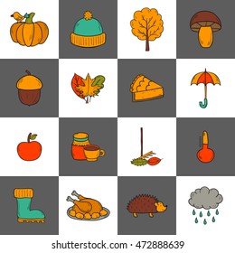 Vector cartoon illustration with hand drawn autumn icons. Pumpkin pie, turkey, autumn leaves, rain , umbrella, harvesting concept. Vector september, october icons. Hand drawn cartoon autumn objects