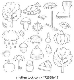 Vector cartoon illustration with hand drawn autumn icons. Pumpkin pie, turkey, autumn leaves, rain , umbrella, harvesting concept. Vector september, october icons. Hand drawn cartoon autumn objects