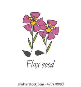 Vector cartoon illustration with hand drawn flax seed icon. Harvesting icon: flowers and seed. Healthy organic raw food. Source of omega. Isolated flax seed on white background