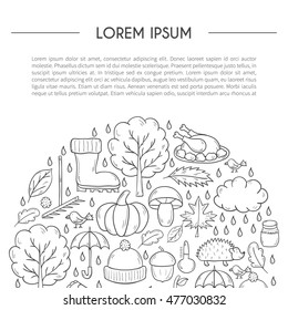 Vector cartoon illustration with hand drawn autumn background. Pumpkin pie, turkey, autumn leaves, rain , umbrella, harvesting concept. Vector september, october.