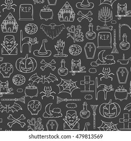 Vector cartoon illustration with hand drawn Halloween background. Trick or treat pattern for Halloween background, invitation, card, voucher. Halloween vector cartoon objects