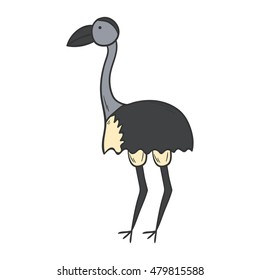 Vector cartoon illustration with hand drawn isolated ostrich icon on white background. Australian or african animal. Vector children book cover hand drawn ostrich cartoon illustration