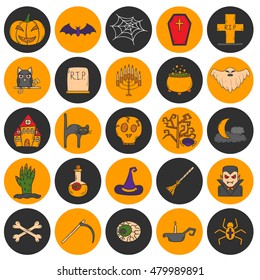 Vector cartoon illustration with hand drawn set of Halloween Icons. Halloween party, trick or treat design: Halloween Pumpkin, witch hat and broom, skull, moon, ghost, grave. Vector Halloween icons