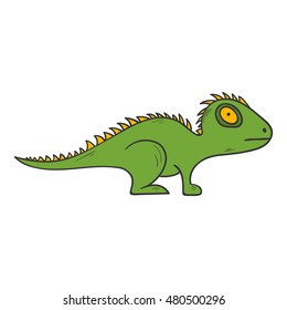 Vector cartoon illustration with hand drawn green isolated gecko, iguana, lizard on white background. Exotic tropical reptile animal vector icon. Children book cover illustration