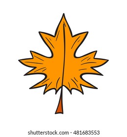 Vector cartoon illustration with hand drawn isolated yellow autumn tree leaf on white background. Autumn leaf icon. Vector background in hand drawn cartoon style. Fall autumn season