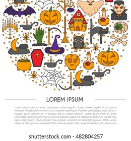 Vector cartoon illustration with hand drawn Halloween background. Trick or treat pattern for Halloween background, invitation, card, voucher. Halloween vector cartoon objects