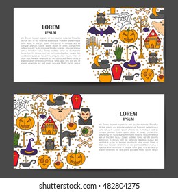Vector cartoon illustration with hand drawn Halloween background. Trick or treat pattern for Halloween background, invitation, card, voucher. Halloween vector cartoon objects