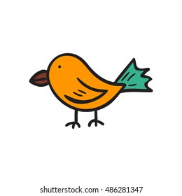 Vector cartoon illustration with hand drawn isolated colorful bird on white background. Cute doodle hand drawn bird for logo or emblem. Animal cartoon funny sticker