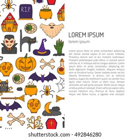 Vector cartoon illustration with hand drawn Halloween background. Trick or treat pattern for Halloween background, invitation, card, voucher. Halloween vector cartoon objects