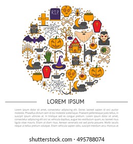 Vector cartoon illustration with hand drawn Halloween background. Trick or treat pattern for Halloween background, invitation, card, voucher. Halloween vector cartoon objects