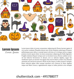Vector cartoon illustration with hand drawn Halloween background. Trick or treat pattern for Halloween background, invitation, card, voucher. Halloween vector cartoon objects