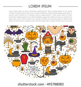 Vector cartoon illustration with hand drawn Halloween background. Trick or treat pattern for Halloween background, invitation, card, voucher. Halloween vector cartoon objects