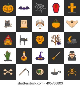 Vector cartoon illustration with hand drawn set of Halloween Icons. Halloween party, trick or treat design: Halloween Pumpkin, witch hat and broom, skull, moon, ghost, grave. Vector Halloween icons