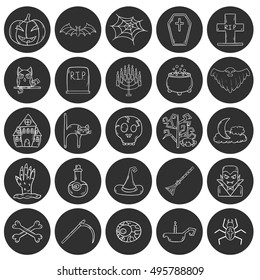 Vector cartoon illustration with hand drawn set of Halloween Icons. Halloween party, trick or treat design: Halloween Pumpkin, witch hat and broom, skull, moon, ghost, grave. Vector Halloween icons