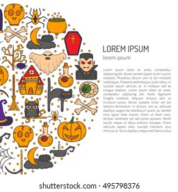 Vector cartoon illustration with hand drawn Halloween background. Trick or treat pattern for Halloween background, invitation, card, voucher. Halloween vector cartoon objects
