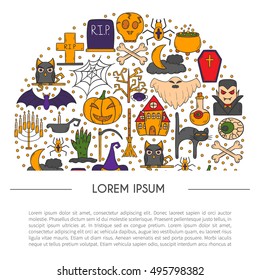 Vector cartoon illustration with hand drawn Halloween background. Trick or treat pattern for Halloween background, invitation, card, voucher. Halloween vector cartoon objects