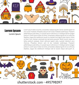 Vector cartoon illustration with hand drawn Halloween background. Trick or treat pattern for Halloween background, invitation, card, voucher. Halloween vector cartoon objects