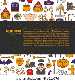 Vector cartoon illustration with hand drawn Halloween background. Trick or treat pattern for Halloween background, invitation, card, voucher. Halloween vector cartoon objects