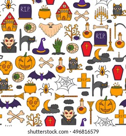 Vector cartoon illustration with hand drawn Halloween background. Trick or treat pattern for Halloween background, invitation, card, voucher. Halloween vector cartoon objects