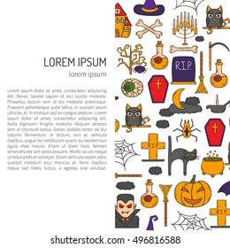 Vector cartoon illustration with hand drawn Halloween background. Trick or treat pattern for Halloween background, invitation, card, voucher. Halloween vector cartoon objects