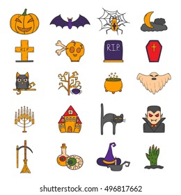 Vector cartoon illustration with hand drawn set of Halloween Icons. Halloween party, trick or treat design: Halloween Pumpkin, witch hat and broom, skull, moon, ghost, grave. Vector Halloween icons