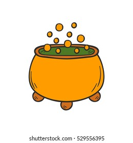 Vector cartoon illustration with hand drawn cute yellow boiler and green potion with bubbles. Halloween magic night cartoon icon. October celebration vector background. Potion icon on white background