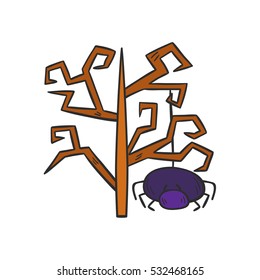 Vector cartoon illustration with hand drawn Halloween scary tree and spider. Isolated autumn icon on white background. Halloween forest design
