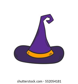 Vector cartoon illustration with hand drawn isolated purple witch hat. Magic symbol of halloween design. Trick or treat concept. Vector icon on white background