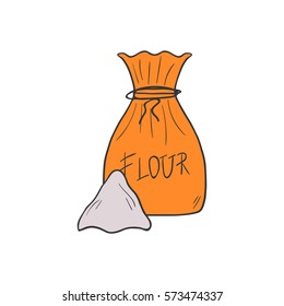 Vector cartoon illustration with hand drawn isolated flour golder color bag. Organic healthy food. Wholegrain icon isolated on white background